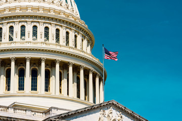 Wall Mural - United States flags with Capitol building in Washington DC, retro color  style, Background with copy space, USA