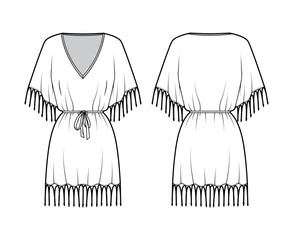 Fringed kaftan dress technical fashion illustration with deep V-neck, belted gathered, batwing elbow sleeves, above-the-knee length, oversized. Flat template front back white color. Women men top