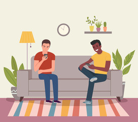 Wall Mural - Young men are sitting on the sofa with smartphones. Vector flat cartoon style illustration