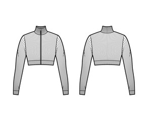 Sticker - Zip-up cropped turtleneck ribbed-knit sweater technical fashion illustration with long sleeves, close-fitting shape. Flat jumper apparel template front back white color. Women men unisex shirt top CAD