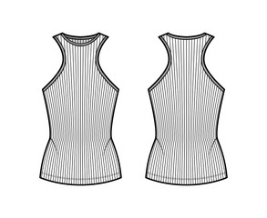Sticker - Ribbed cotton-jersey tank technical fashion illustration with racer-back straps, slim fit, crew neckline. Flat outwear top apparel template front, back, white color. Women, men unisex shirt knit CAD