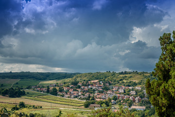 Canvas Print - Beautiful rural summer landscape, green fields and small village in Serbia, Balkan countries