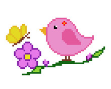 Image Of An 8 Bit Pixel Bird In A Tree. Pink Bird In Vector Illustration For Cross Stitch And Beading Pattern.