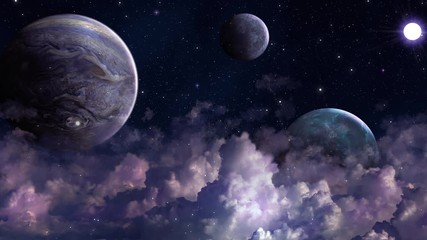 Wall Mural - video of universe flyby. camera moves towards heavenly planets seen at a distance while stars flyby.