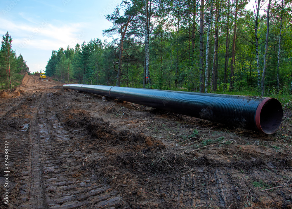 Crude oil and Natural gas pipeline construction work in forest area ...