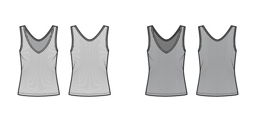 Wall Mural - Ribbed open-knit tank technical fashion illustration with oversized body, deep V-neckline, elongated hem. Flat outwear top apparel template front, back, white grey color. Women, men unisex shirt CAD