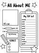 All about me. Writing prompt for kids. Educational children page. Back to school theme