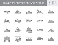 Ship, Boat Line Icons. Vector Illustration Included Icon As Yacht, Cruise, Cargo Shipping, Submarine, Ferry, Canoe, Schooner Outline Pictogram For Water Transport. 64x64 Pixel Perfect Editable Stroke