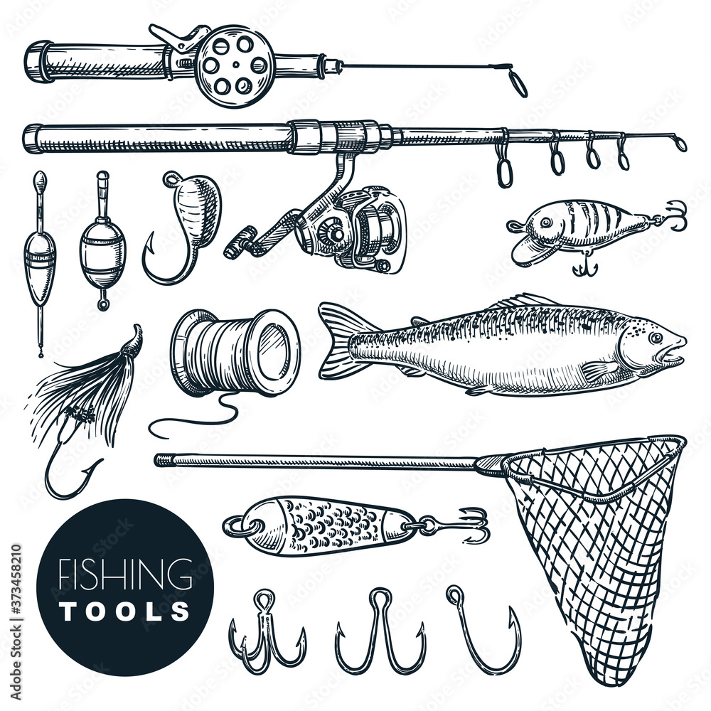 Fiishing Rakes Fishing equipment isolated on white background. Vector hand drawn ...