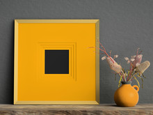 Square Orange Mock Up Poster Frame On Black Plaster Wall With Flowers In A Pot On Wooden Shelf; 3d Rendering, 3d Illustration