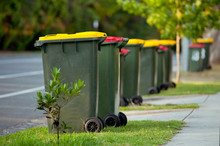 Recycling Bin Stands Outdoor. Australia, Melbourne.
