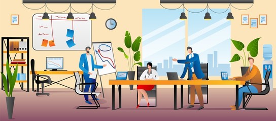 Wall Mural - Office with business people, vector illustration. Teamwork creative meeting, team work brainstorming at table design concept. Corporate coworking with human group, flat person job with laptop.