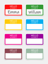 Name Badge. Tag Of Hello. Sticker Or Card With My Nametag. Label With Hi. Paper Card For Identification Teacher, Speaker On Meet And Corporate. Template For Registration On Conference. Vector