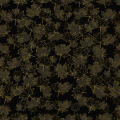 Wall Mural - seamless pattern with outline fall leaf, abstract golden leaf texture on black background design