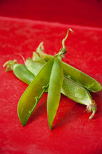 Green Pea Pods On Red Background