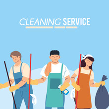 Men And Woman With Garbage Bag And Cleaning Service