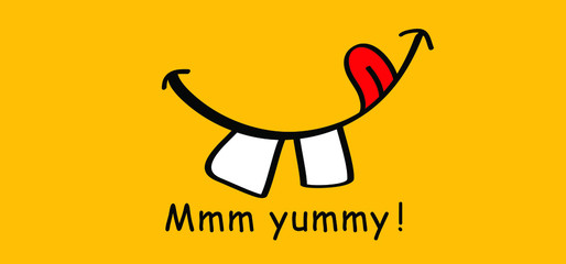 Mmm Yummy smile with tongue lick mouth World smile day or month Food logo Smiling everyday Funny vector laugh cartoon sign Delicious, tasty eating emoji lip face Emotion smiley lips symbol licking