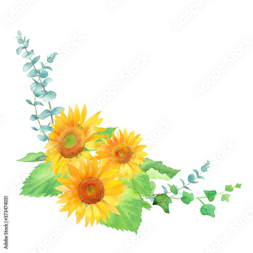 ひまわりとグリーンリーフのフレーム装飾 水彩イラストのトレースベクター レイアウト変更可能 Stock Vector Adobe Stock