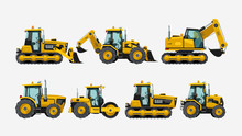 Tractors Vehicles Side View Set On White