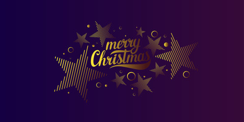 Template to embed greetings. Background with the inscription Merry Christmas. Vector illustration with gold lines.