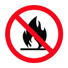 Forbidden, No open fire or flame sign. Vector prohibition sign. Do not, forbid burn on campfire, beach, forest or camping. Stop halt allowed, no ban. Flames symbol pictogram.