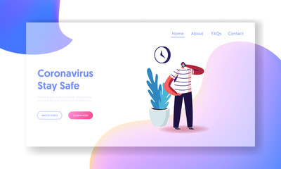 Wall Mural - Employee at Coronavirus Pandemic Landing Page Template. Office Worker Character in Medical Mask Working at Workplace