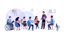 Business Meeting And Team Work, Group Of People Working In Office, Planning, Workflow, Time Management And Presentation Concept, Vector Illustration.