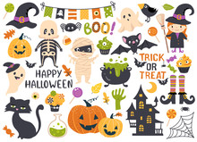 Halloween Element Set: Witch, Ghost, Spooky Castle, Mummy, Skeleton, Funny Pumpkins. Perfect For Scrapbooking, Greeting Card, Party Invitation, Poster, Tag, Sticker Kit. Hand Drawn Vector Illustration