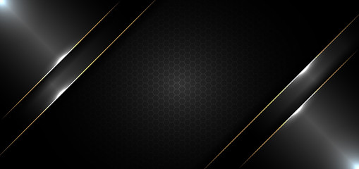 Wall Mural - Abstract banner design template black glossy with gold line and lighting effect on dark background and texture