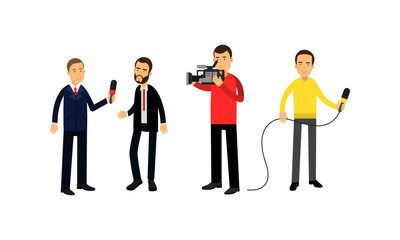 Wall Mural - Professional Cameraman And Journalist or News Reporter from TV Broadcast as News Program Crew Vector Illustration Set