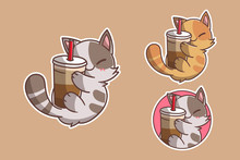 Set Of Cute Coffee Cat Mascot Logo With Optional Appearance. Premium Kawaii Vector
