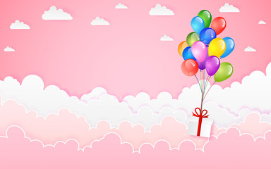 Wall Mural - Flying vector festive balloons shiny with glossy balloons for holiday countryside on sky