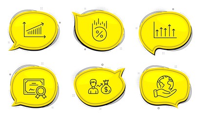 Wall Mural - Sallary sign. Diploma certificate, save planet chat bubbles. Chart, Loan percent and Growth chart line icons set. Discount, Upper arrows, Person earnings. Finance set. Outline icons set. Vector