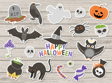 Big Pack Of Vector Halloween Stickers On Wooden Background. Traditional Samhain Party Clipart. Scary Collection With Jack-o-lantern, Spider, Ghost, Skull, Bats. Autumn Holiday Flat Style Icons Set.