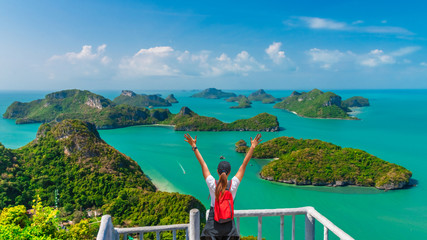 Traveler woman on hill top joy fun amazed nature scenic landscape group of Ang Thong island, Adventure outdoor landmark tourist travel Samui Thailand vacation trip, Tourism beautiful destination Asia