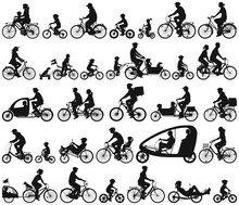 Urban Cyclists Riding A Bicycle Man  Woman Child And Senior Vector Silhouette Collection