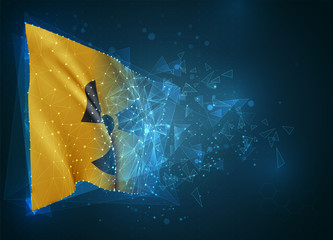 Wall Mural - radiation sign on a yellow background in 3d vector flag, virtual abstract 3D object from triangular polygons on a blue background