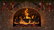 Yule Log in fireplace decorated with christmas stockings.
3D illustration. 