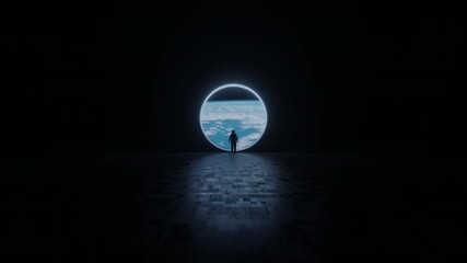 the astronaut is looking at the huge illuminator of an unknown spaceship interior at an empty galaxy