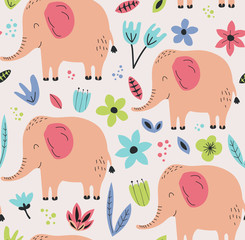 Hand drawn background with elephans and flowers. Pattern with cute design. Scandinavian style design. 