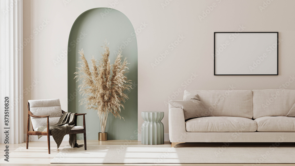 empty poster frame on beige wall in living room interior with modern furniture and decorative green arch with trendy dried flowers, white sofa and armchair, 3d render - obrazy, fototapety, plakaty 