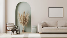 Empty Poster Frame On Beige Wall In Living Room Interior With Modern Furniture And Decorative Green Arch With Trendy Dried Flowers, White Sofa And Armchair, 3d Render