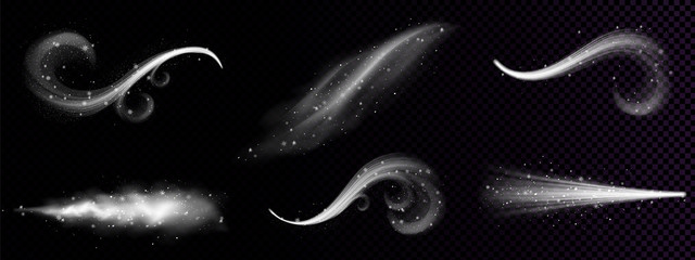 Wall Mural - cold wind with snow blow, winter weather icons with white smoke and flying snowflakes, freezing brea