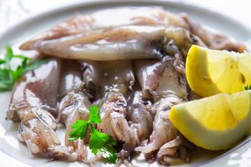 Wall Mural - fresh squid with lemon on the plate