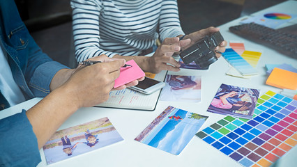 Wall Mural - Advertising agency designer creative start-up team discussing ideas in office. 