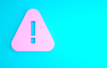 Poster - Pink Exclamation mark in triangle icon isolated on blue background. Hazard warning sign, careful, attention, danger warning sign. Minimalism concept. 3d illustration 3D render.