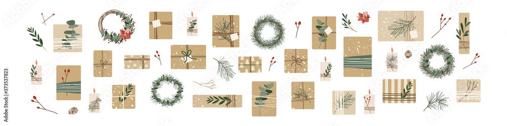 Set of different christmas presents in kraft paper with twine ribbon and wreaths. Rustic gift box. Eco decoration, eucalyptus and spruce. Xmas and New Year celebration preparation. Vector flat style - obrazy, fototapety, plakaty 