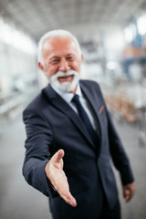 Wall Mural - Portrait of handsome businessman. Man handshake in factory...