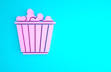 Poster - Pink Popcorn in cardboard box icon isolated on blue background. Popcorn bucket box. Minimalism concept. 3d illustration 3D render.