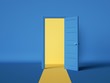 © NeoLeo - 3d render, yellow light inside the open door isolated on blue background. Room interior design element. Modern minimal concept. Opportunity metaphor.